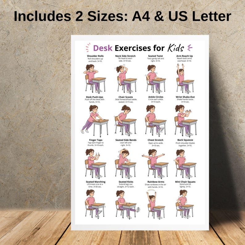 Desk Exercises for Kids Printable | Classroom Chair Activities | Seated ...