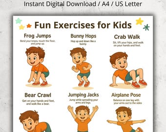 Fun Kids Exercise Chart Printable, Fun Workout Poster for Children, Indoor Physical Activity, Fitness Wall Art PDF, Fun Kids Activities