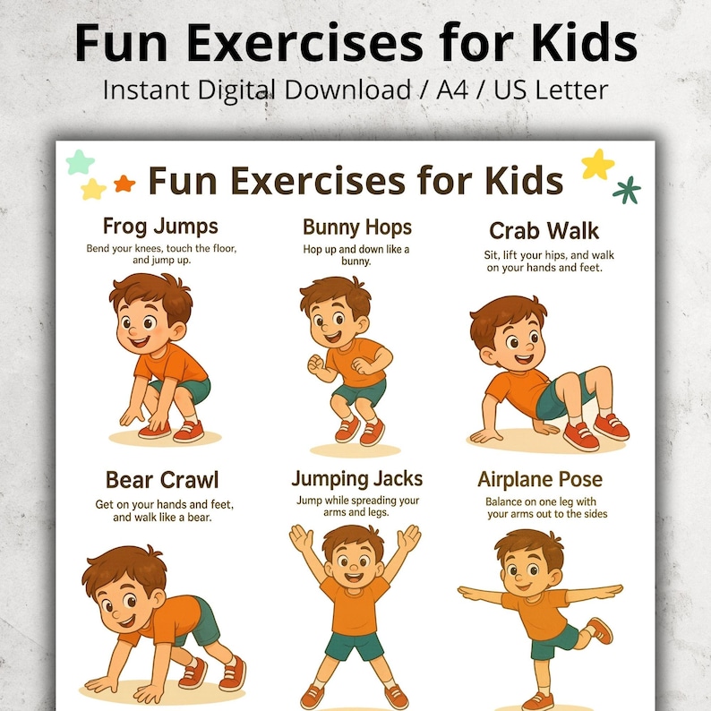 Fun Kids Exercise Chart Printable, Fun Workout Poster for Children ...