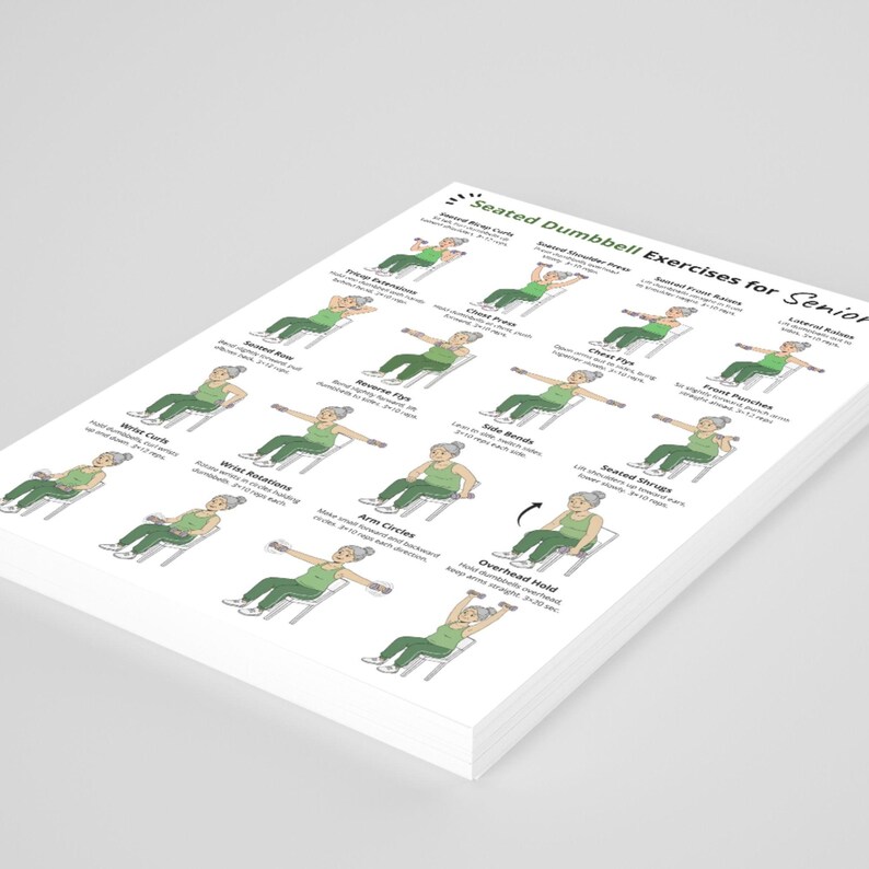 May include: A stack of white paper sheets with a printed guide titled "Seated Dumbbell Exercises for Senior". The guide features illustrations of exercises with dumbbells, including wrist curls, arm circles, and overhead holds.