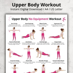 May include: A digital workout guide for upper body exercises, featuring illustrations of various movements. The guide, titled "Upper Body Workout", includes exercises such as arm circles, push-ups, and plank holds. It is designed for home workouts with no equipment.