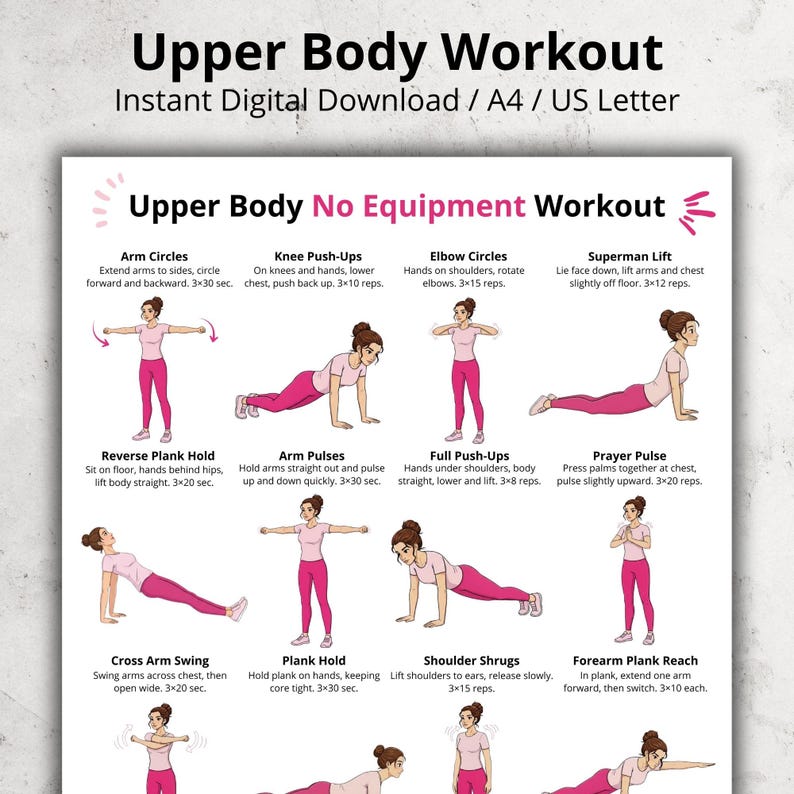 May include: A digital workout guide for upper body exercises, featuring illustrations of various movements. The guide, titled "Upper Body Workout", includes exercises such as arm circles, push-ups, and plank holds. It is designed for home workouts with no equipment.