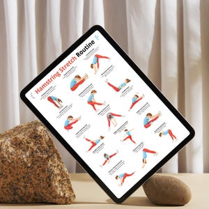 May include: A digital tablet displaying a "Hamstring Stretch Routine" guide. The guide features illustrations of various stretches, with text labels. The tablet is angled, resting on a light-colored surface, with a textured rock in the foreground.