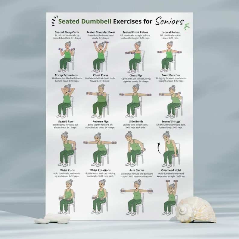 May include: A poster titled "Seated Dumbbell Exercises for Seniors" displays illustrated exercises. The exercises include bicep curls, shoulder press, front raises, lateral raises, tricep extensions, chest press, chest flys, front punches, seated row, reverse flys, side bends, seated shrugs, wrist curls, wrist rotations, arm circles, and overhead hold.