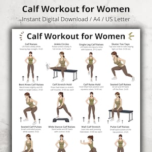 Pode incluir: Um guia de treino para download digital intitulado "Calf Workout for Women". O guia apresenta ilustrações de vários exercícios para a panturrilha, incluindo elevações da panturrilha, círculos de tornozelo e toques de dedos dos patinadores. Os exercícios são projetados para serem feitos em casa.