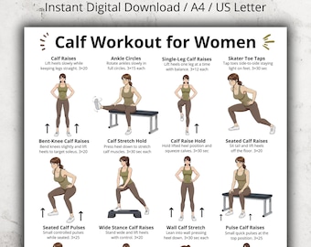 May include: A digital download workout guide titled "Calf Workout for Women." The guide features illustrations of various calf exercises, including calf raises, ankle circles, and skater toe taps. The exercises are designed to be done at home.