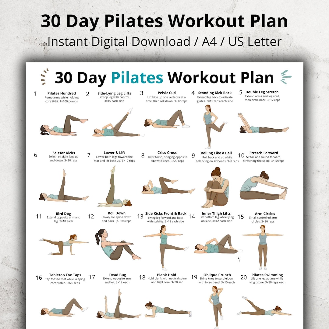 30 Day Pilates Workout Plan Printable, Daily Pilates Exercises at Home