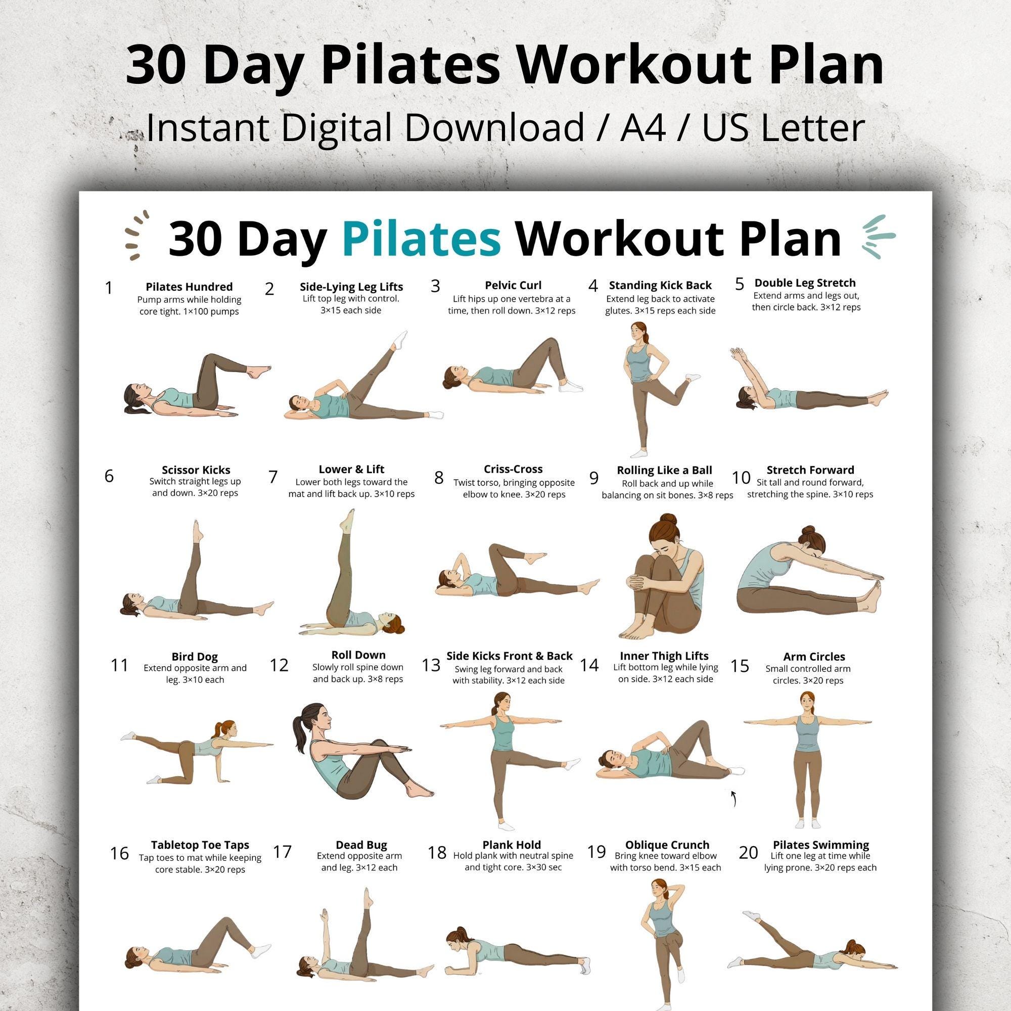 30 Day Pilates Workout Plan Printable, Daily Pilates Exercises at Home ...