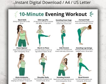 10 Minute Evening Workout for Women, Standing Full Body Exercises, Home Fitness Poster, No Equipment Workout Chart, Printable PDF Wall Art