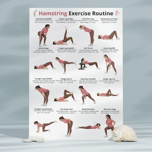 Puede incluir: Un p&oacute;ster blanco titulado "Hamstring Exercise Routine" con ilustraciones de varios ejercicios. El p&oacute;ster presenta a una mujer que demuestra cada ejercicio, incluyendo Romanian Deadlift, Single Leg Bridge y Good Morning. El p&oacute;ster est&aacute; sobre un fondo gris claro.