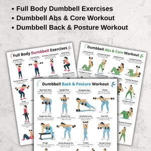 Op de afbeelding: Drie workoutgidsen met illustraties van dumbbell-oefeningen. De gidsen heten "Full Body Dumbbell Exercises", "Dumbbell Abs & Core Workout" en "Dumbbell Back & Posture Workout". Elke gids bevat verschillende oefeningen met instructies.
