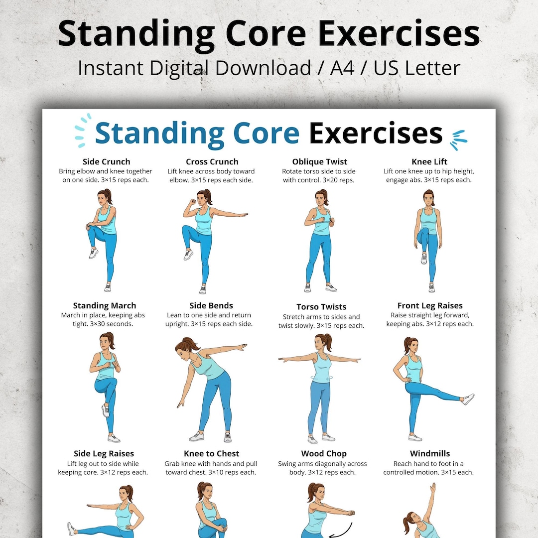 Standing Core Exercises Chart | Gentle Standing Ab and Oblique Workout ...