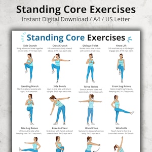 Standing Core Exercises Chart | Gentle Standing Ab and Oblique Workout Poster | Low Impact Core & Balance Exercise for Seniors and Beginners