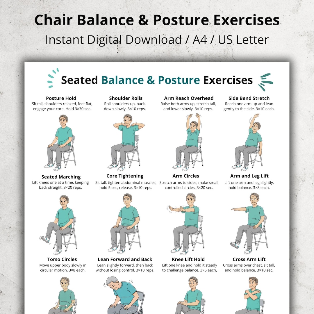 Seated Balance & Posture Exercises - Chair Workout Chart for Seniors ...