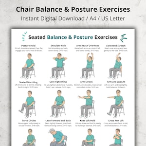Seated Balance & Posture Exercises - Chair Workout Chart for Seniors and Older Adults, Gentle Seated Fitness Poster PDF, Home Exercise Sheet
