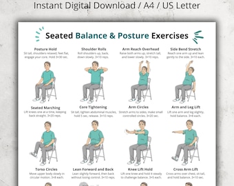 Seated Balance & Posture Exercises - Chair Workout Chart for Seniors and Older Adults, Gentle Seated Fitness Poster PDF, Home Exercise Sheet