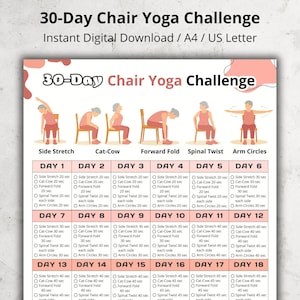 30 Day Chair Yoga Challenge – Printable Yoga Poses Chart for Seniors and Beginners, Gentle Seated Stretching Routine, 30 Day Exercise Chart