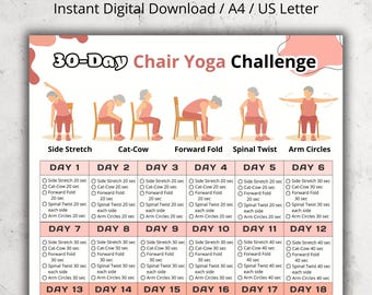 Reto de Yoga en Silla de 30 Días: Tabla de Posturas de Yoga Imprimible para Adultos Mayores y Principiantes, Rutina de Estiramiento Suave Sentado, Tabla de Ejercicios de 30 Días