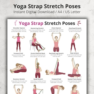 Puede incluir: Una guía imprimible titulada "Yoga Strap Stretch Poses" con ilustraciones de varios estiramientos de yoga. Las posturas incluyen Shoulder Opener, Hamstring Stretch, Chest Opener y más. Descarga digital instantánea.
