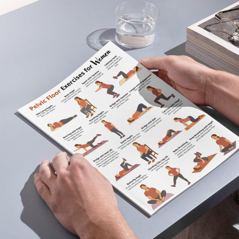 May include: A printed guide titled "Pelvic Floor Exercises for Women" held by a person. The guide features illustrations of various exercises, including squats, bridges, and lunges. The illustrations are accompanied by descriptive text.
