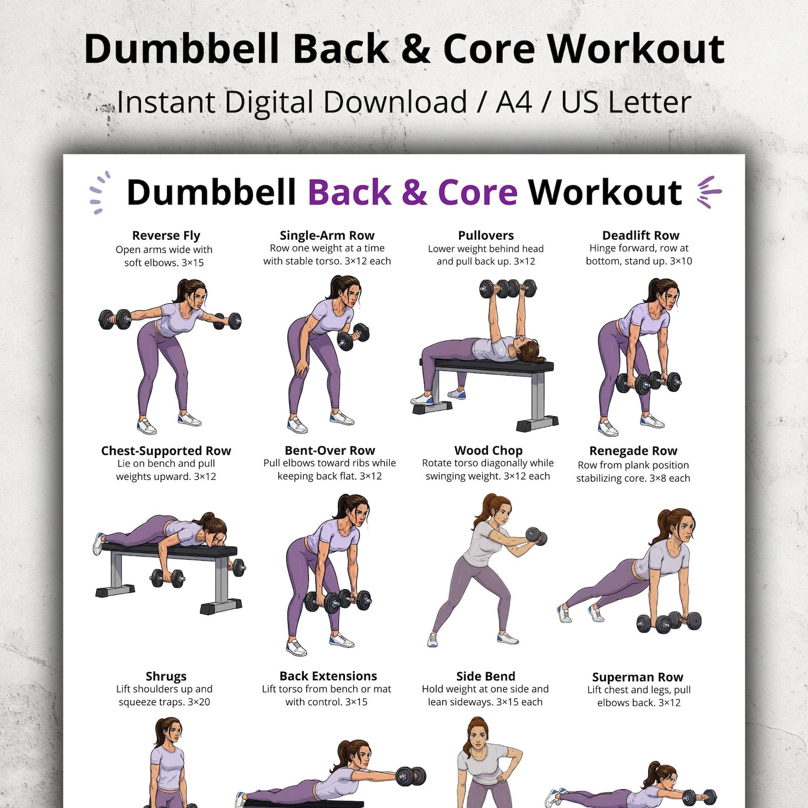 Dumbbell Back & Core Workout Poster, Back Exercise Chart, Core ...