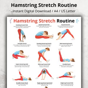 May include: A digital print titled "Hamstring Stretch Routine" with illustrated exercises. The routine includes various stretches like Standing Forward Fold, Seated Forward Fold, and Pyramid Stretch. The print is available as an instant digital download in A4 and US Letter sizes.