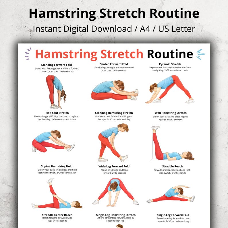 May include: A digital print titled "Hamstring Stretch Routine" with illustrated exercises. The routine includes various stretches like Standing Forward Fold, Seated Forward Fold, and Pyramid Stretch. The print is available as an instant digital download in A4 and US Letter sizes.