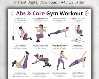 Póster de entrenamiento de abdominales y core para gimnasio, tabla de ejercicios abdominales, ejercicios imprimibles para abdominales y core con máquina de cable, decoración de pared para gimnasio, PDF para gimnasio en casa