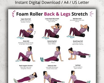 以下が含まれることがあります： 「Foam Roller Back & Legs Stretch」と題されたデジタルダウンロードで、イラスト付きのエクササイズが掲載されています。ポスターには、フォームローラーを使ったさまざまなストレッチ（上背部、下背部、臀部、ハムストリングス、大腿四頭筋など）が示されています。説明書付き。