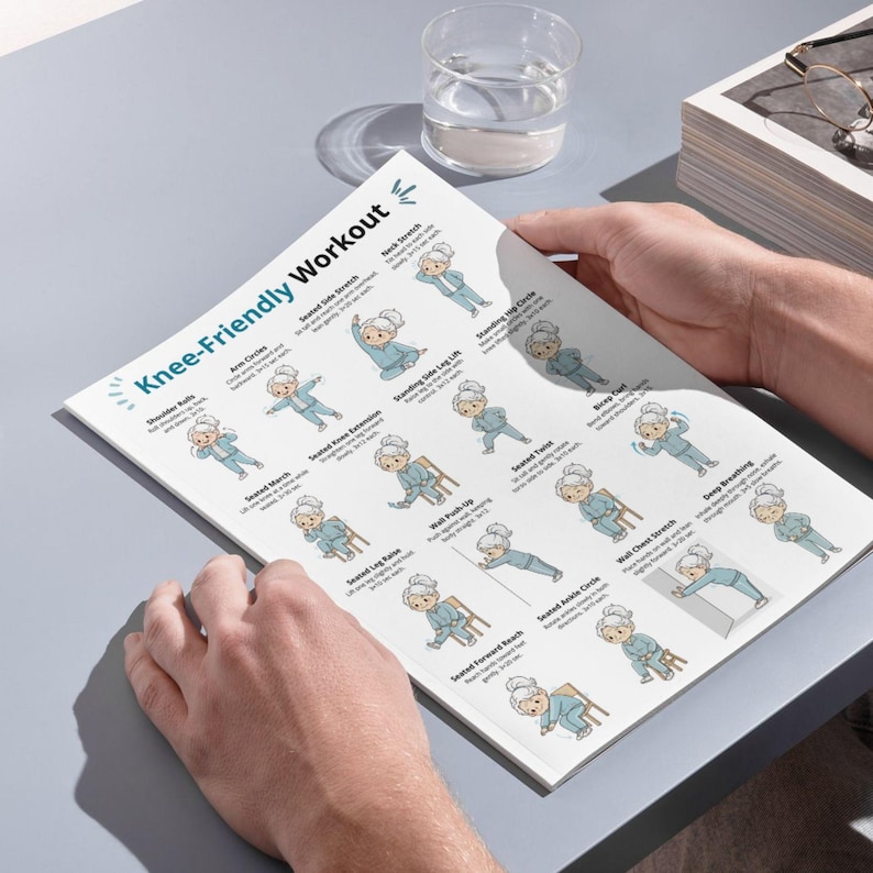 K&ouml;nnte beinhalten: Eine Person h&auml;lt ein gedrucktes Blatt mit dem Titel "Knee-Friendly Workout". Das Blatt zeigt illustrierte &Uuml;bungen, darunter Armkreisen, seitliches Dehnen im Sitzen und Nackendehnung. Die Illustrationen zeigen eine &auml;ltere Person, die die &Uuml;bungen ausf&uuml;hrt. Ein Glas Wasser ist sichtbar.