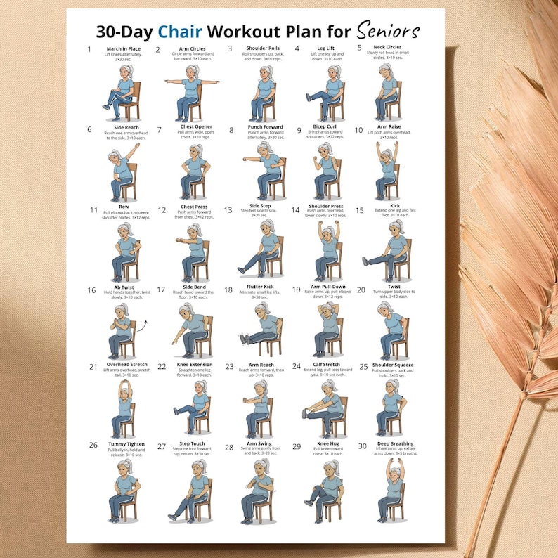 Puede incluir: Un p&oacute;ster del plan de entrenamiento en silla de 30 d&iacute;as para personas mayores. El p&oacute;ster presenta ilustraciones de ejercicios como c&iacute;rculos de brazos, elevaciones de piernas y presi&oacute;n de hombros. Los ejercicios est&aacute;n numerados e incluyen instrucciones.
