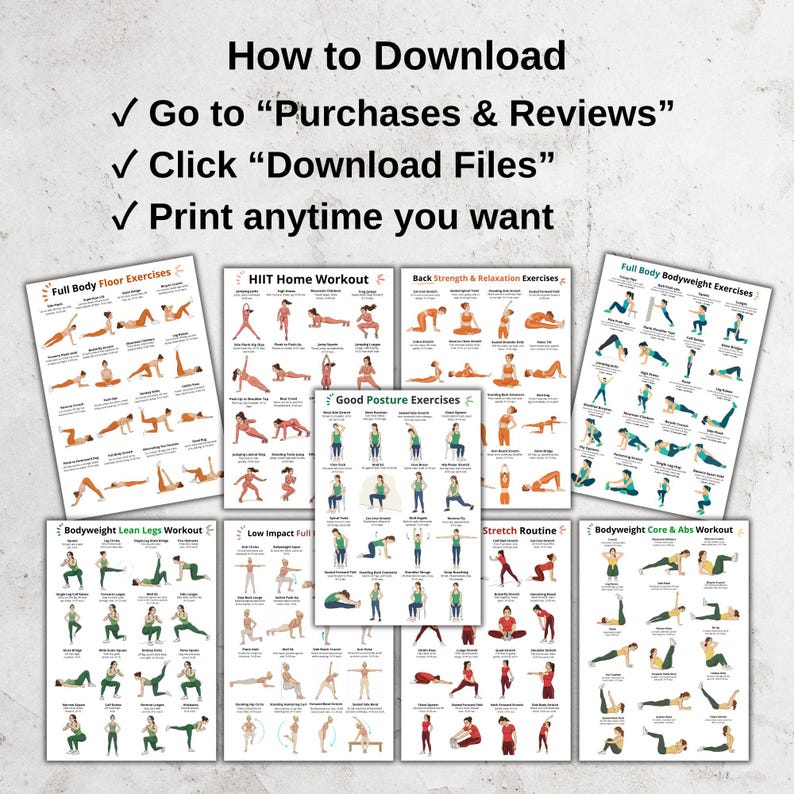 May include: A collection of printable workout guides featuring various exercises. The guides include instructions for full body floor exercises, HIIT home workouts, back strength, and core workouts. Text at the top reads "How to Download" with instructions.