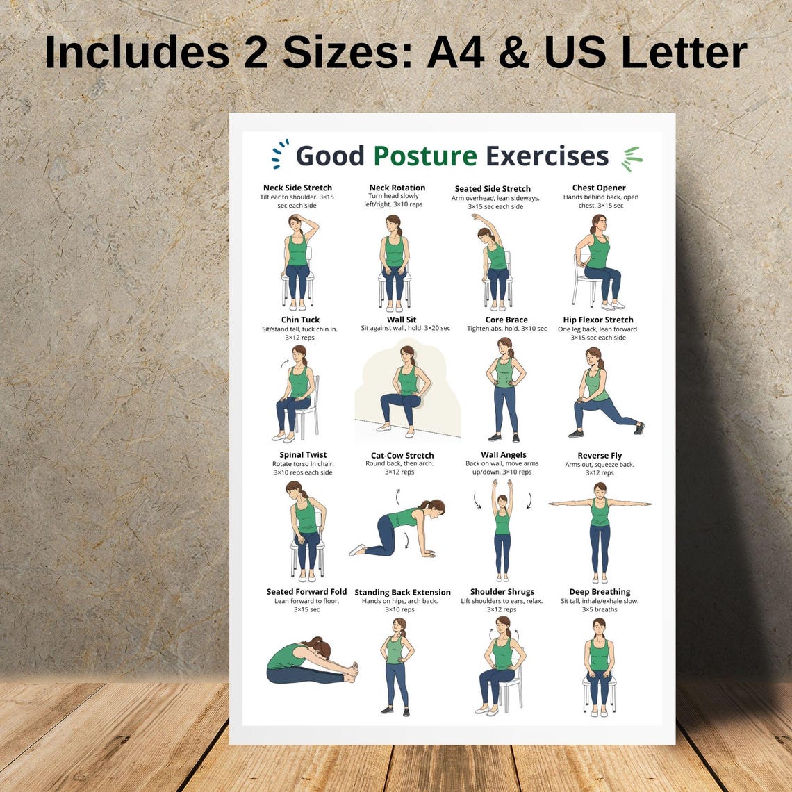 Good Posture Exercises Chart | Printable Back and Neck Workout Poster ...