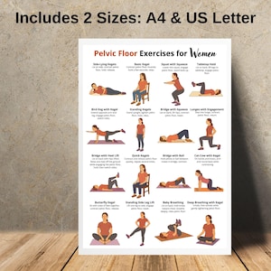 May include: A white poster with the text "Pelvic Floor Exercises for Women" and illustrations of various exercises. The poster includes the text "Includes 2 Sizes: A4 & US Letter". The exercises are demonstrated by figures in orange tops and black pants.