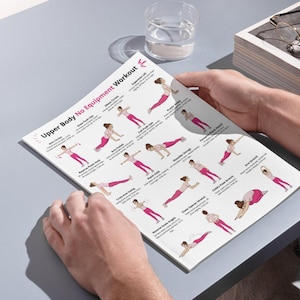 May include: A white printed sheet titled "Upper Body No Equipment Workout" with exercise illustrations. The sheet, held by hands, shows exercises like arm circles and stretches. A glass of water is visible in the background. The sheet is on a grey surface.