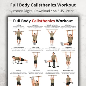 May include: A digital workout guide titled "Full Body Calisthenics Workout." The poster features illustrated exercises including pull-ups, leg raises, and push-ups on bars. The guide is available as an instant digital download in A4 and US Letter sizes.