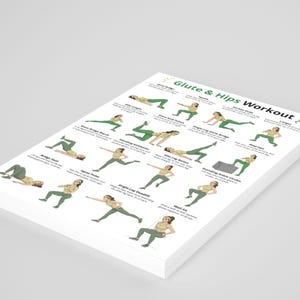 May include: A white paper titled "Glute & Hips Workout" with various illustrated exercises. The exercises are depicted with green outlines and include names like "Side Lunges", "Donkey Kicks", and "Wall Sit". The paper is angled, showing multiple pages.