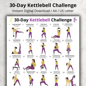 Può includere: Un grafico di allenamento scaricabile digitalmente intitolato "30-Day Kettlebell Challenge". Il grafico presenta esercizi illustrati, tra cui stacchi a una gamba, swing con kettlebell, squat con goblet e sit-up press. Gli esercizi sono numerati.