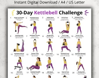 Poster per la sfida di 30 giorni con kettlebell, allenamento a casa (download digitale)