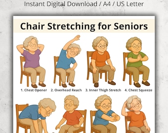 Könnte beinhalten: Ein digitaler Download mit dem Titel "Stuhlgymnastik für Senioren" mit Schritt-für-Schritt-Anleitungen. Das Bild zeigt Illustrationen einer älteren Person, die acht verschiedene Stuhlübungen ausführt, darunter Brustöffner und Knöchelkreisen.