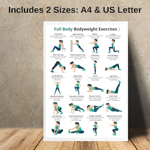 May include: A white poster with the text "Includes 2 Sizes: A4 & US Letter" at the top. The poster features illustrations of full-body bodyweight exercises, including tricep dips, squats, lunges, and more. The exercises are demonstrated by figures in teal outfits.