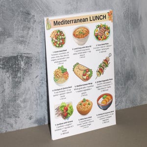 May include: A printed poster titled "Mediterranean LUNCH" displays illustrated dishes including Greek salad, lentil soup, tuna salad, chickpea bowl, Mediterranean wrap, grilled vegetables, sardines, white bean salad, and chicken couscous. The poster is leaning against a gray wall.