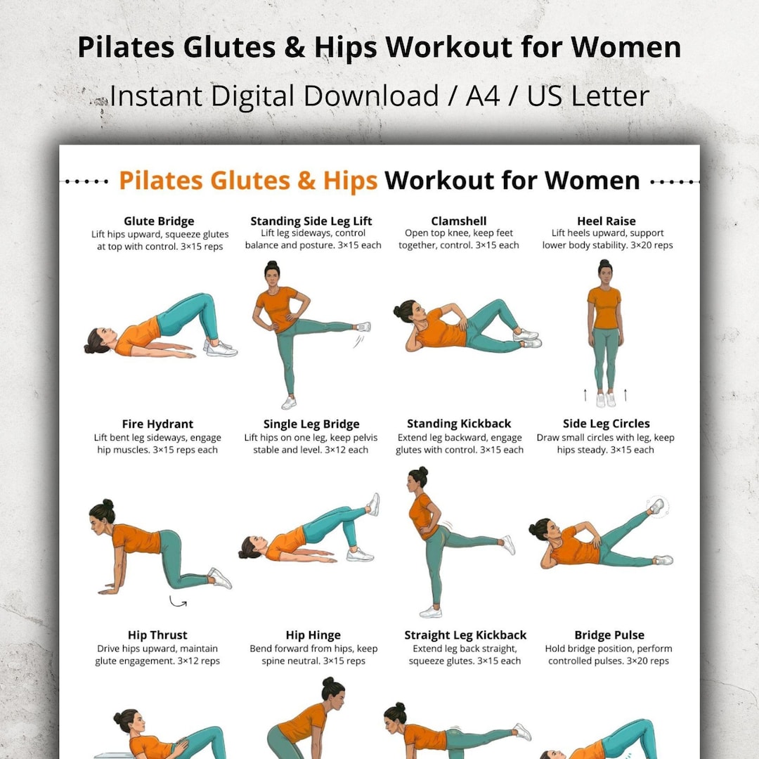 Pilates Glutes and Hips Workout Poster Printable, Glute Exercises Chart ...