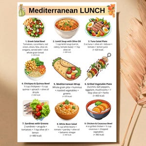 May include: A colorful illustrated menu titled "Mediterranean LUNCH" featuring nine different dishes. The dishes include a Greek salad bowl, lentil soup, tuna salad plate, chickpea and quinoa bowl, Mediterranean wrap, grilled vegetable plate, sardines with greens, white bean salad, and chicken and couscous bowl.