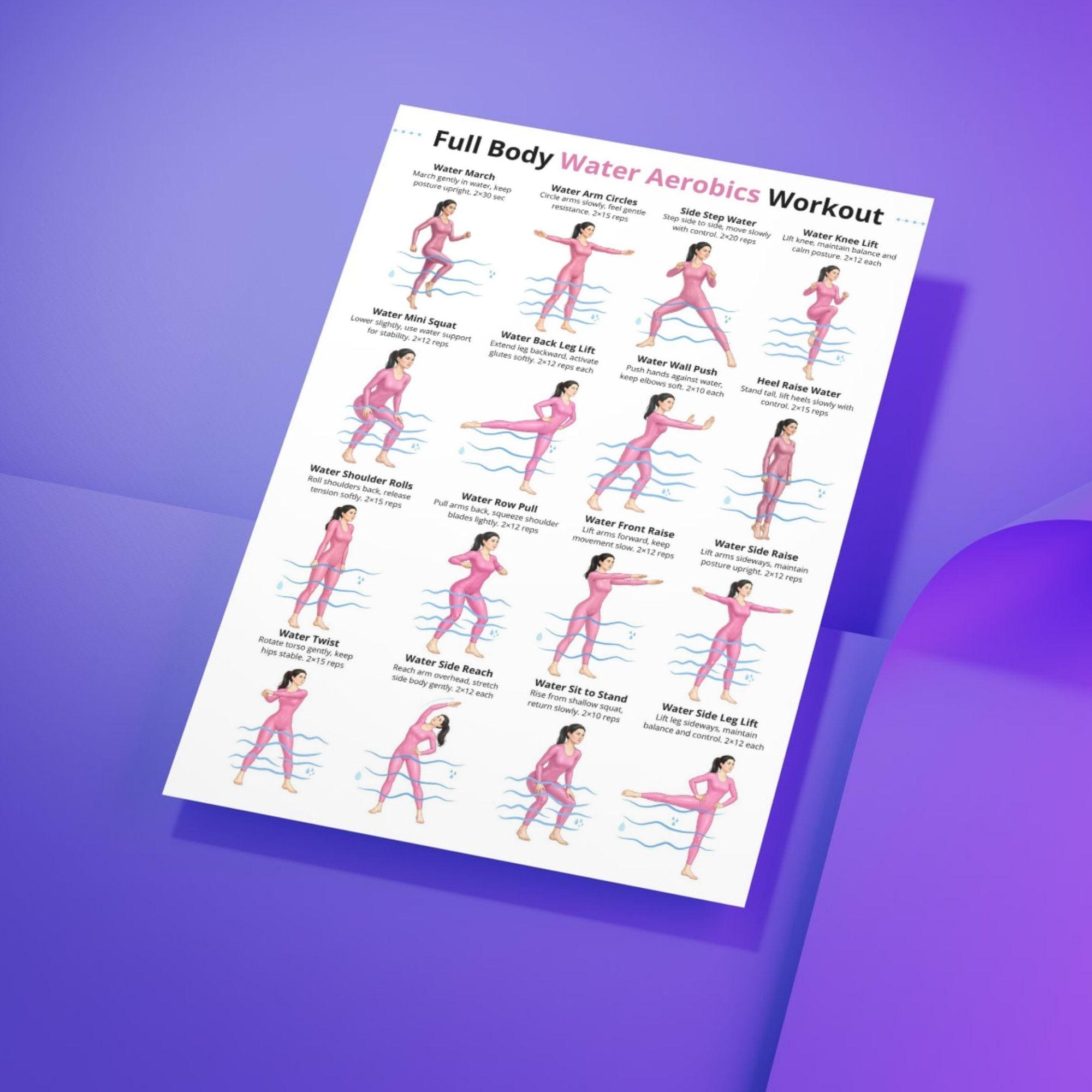 Water Yoga Routine Printable Full Body Water Aerobics Workout Printable, Pool Exercises Routine, Low ...