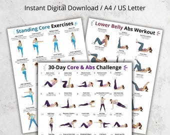 Core & Abs Workout Charts Set, Standing Core Exercises, Lower Belly Abs Exercises, 30 Day Core Challenge Poster, Home Workout Printable PDF