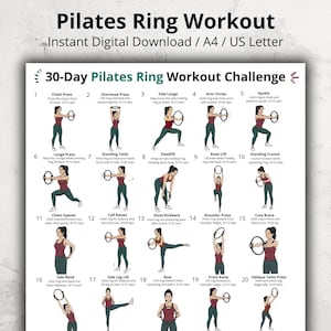 Op de afbeelding: Een Pilates ring workout gids met illustraties voor een 30-daagse uitdaging. De digitale download bevat oefeningen zoals borstpers, squats, lunges en zijwaartse buigingen. De tekst bevat de titel "Pilates Ring Workout" en "30-Day Pilates Ring Workout Challenge".