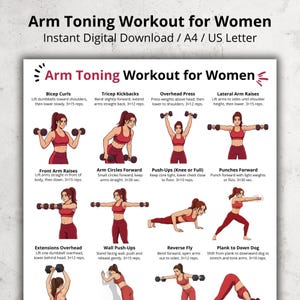 以下が含まれることがあります： 「Arm Toning Workout for Women」と題された印刷可能なワークアウトガイド。 このガイドには、バイセップカール、トリセップキックバック、オーバーヘッドプレス、サイドレイズなど、イラスト付きのエクササイズが掲載されています。 指示と繰り返し回数が含まれています。