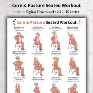 Puede incluir: Una descarga digital titulada "Core & Posture Seated Workout" con ilustraciones de ejercicios sentados. Los ejercicios incluyen rotaciones de hombros, círculos de cuello, retracciones de mentón y más. La imagen está diseñada para descarga instantánea en tamaños A4 y US Letter.