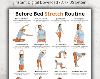 以下が含まれることがあります： 「Before Bed Stretch Routine」と題されたデジタルダウンロードで、さまざまなストレッチのイラストが描かれています。Seated Side Reach、Neck Roll Stretch、Quad Stretchなどのエクササイズが含まれており、リラックスと柔軟性のために設計されています。画像はA4およびUS Letterサイズにフォーマットされています。